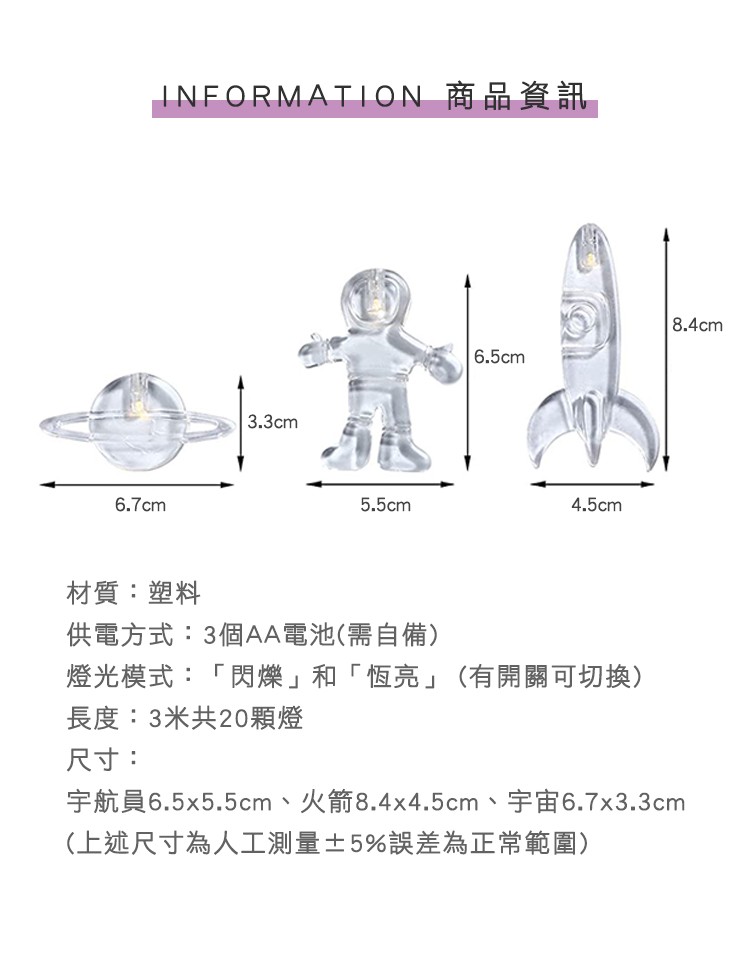 INEORMAT1ON 商品資訊，材質:塑料，供電方式:3個AA電池(需自備)，燈光模式:閃爍和恆亮(有開關可切換)，長度:3米共20顆燈，尺寸:宇航員6.5x5.5cm、火箭8.4x4.5cm、宇宙6.7x3.3cm，(上述尺寸為人工測量士5%誤差