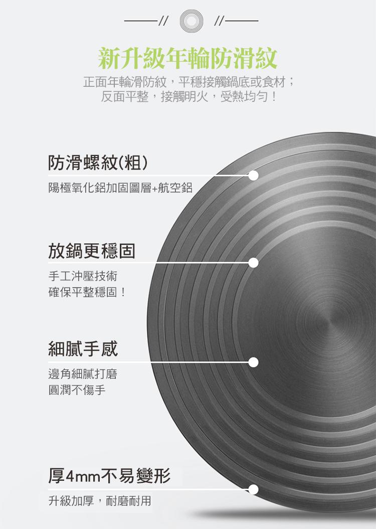 新升級年輪防滑紋，正面年輪滑防紋,平穩接觸鍋底或食材;，反面平整,接觸明火,受熱均勻!防滑螺紋(粗)，陽極氧化鋁加固圖層+航空鋁，放鍋更穩固，手工沖壓技術，確保平整穩固!細膩手感，邊角細膩打磨，圓潤不傷手，厚4mm不易變形，升級加厚,耐磨耐用。