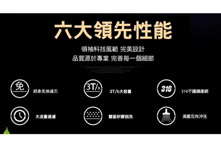 六大領先性能，領袖科技風範 完美設計，品質源於專業 完善每一個細節，3T/h大容量，雙面矽膠刮洗，終身免換濾芯，大流量過濾，316不鏽鋼濾網，高壓反向沖洗。