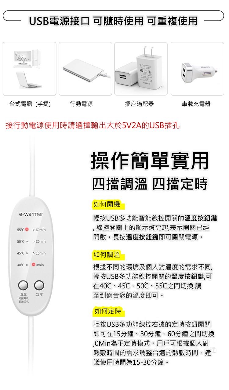 台式電腦 (手提)，USB電源接口 可隨時使用 可重複使用，55℃。50°C。接行動電源使用時請選擇輸出大於5V2A的USB插孔，短按开机，长按关机，45°C。 o 15min.40°C。 Omin，行動電源，插座適配器，車載充電器，操作簡單實用，四