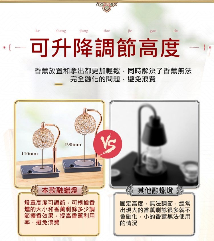 可升降調節高度，香薰放置和拿出都更加輕鬆,同時解決了香薰無法，完全融化的問題,避免浪費，本款融蠟燈，燈罩高度可調節,可根據香，燻的大小和香薰剩餘多少調，節擴香效果,提高香薰利用，率,避免浪費，其他融蠟燈，固定高度,無法調節,經常，出現大的香薰剩餘很多