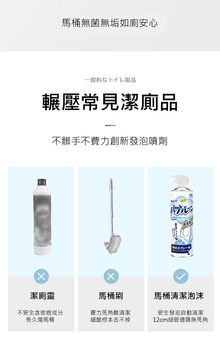 馬桶無菌無垢如廁安心，一般的なトイレ製品，輾壓常見潔廁品，不髒手不費力創新發泡噴劑，ねらって，馬桶刷，費力死角難清潔，細菌根本去不掉，潔廁靈，不安全含致癌成分，長久傷馬桶，通关法附和TLR，免洗》，斜めスプレーも，新的公共，馬桶清潔泡沫，安全發泡自動