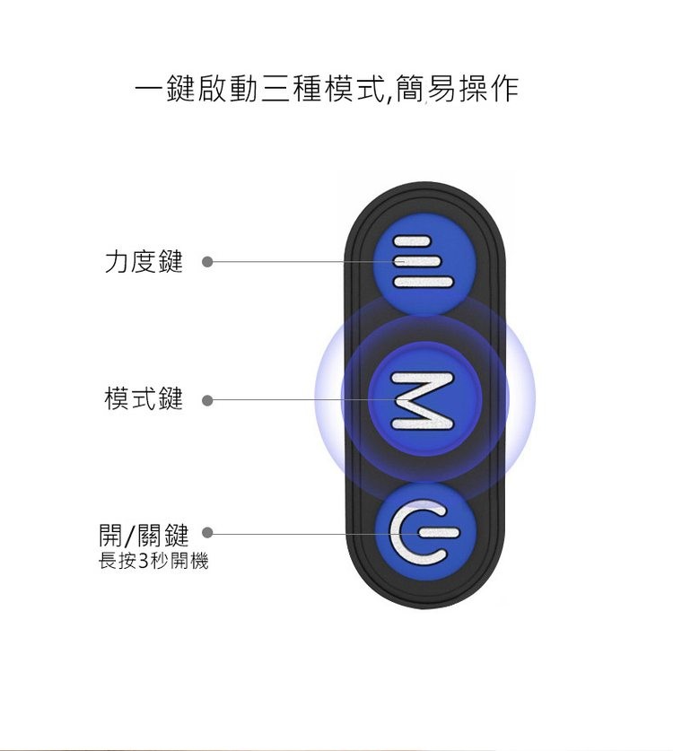 一鍵啟動三種模式,簡易操作，力度鍵，模式鍵，開/關鍵，長按3秒開機。