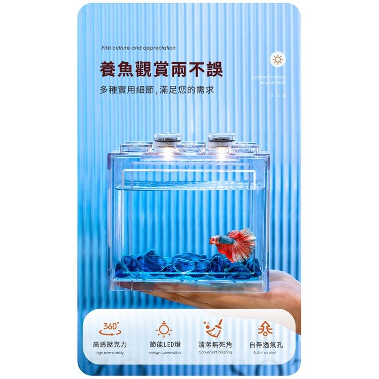 養魚觀賞兩不誤，多種實用細節,滿足您的需求，360°，高透壓克力，節能LED燈，清潔無死角，自帶透氣孔。