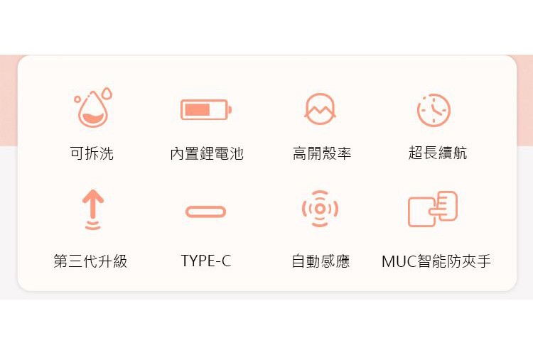可拆洗，第三代升級，內置鋰電池，高開殼率，自動感應，超長續航，MUC智能防夾手。