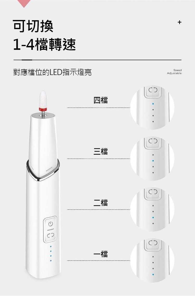 可切換，1-4檔轉速，對應檔位的LED指示燈亮。