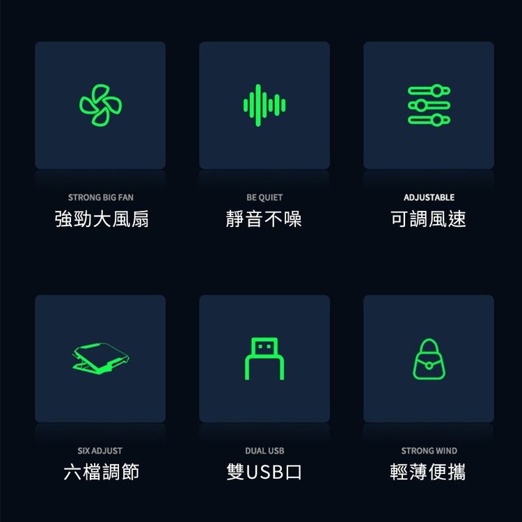 強勁大風扇，六檔調節，靜音不噪，雙USB口，可調風速，輕薄便攜。