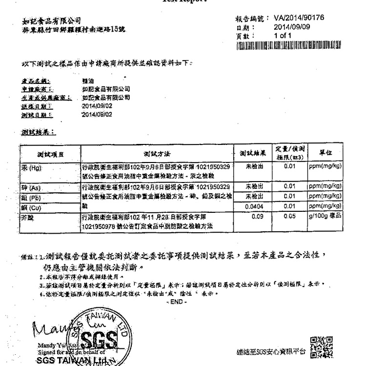 米血油脂SGS檢驗報告