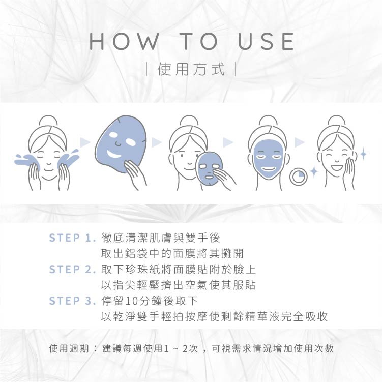 使用方式STEP 1. 徹底清潔肌膚與雙手後，取出鋁袋中的面膜將其攤開，STEP 2. 取下珍珠紙將面膜貼附於臉上，以指尖輕壓擠出空氣使其服貼，STEP 3. 停留10分鐘後取下，以乾淨雙手輕拍按摩使剩餘精華液完全吸收，使用週期:建議每週使用1~2次