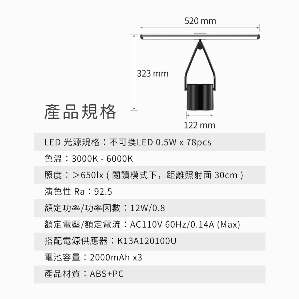 產品規格，照度:>650lx(閱讀模式下,距離照射面 30cm)，額定功率,功率因數:12W/0.8，電池容量:2000mAh x3，產品材質:ABS+PC。