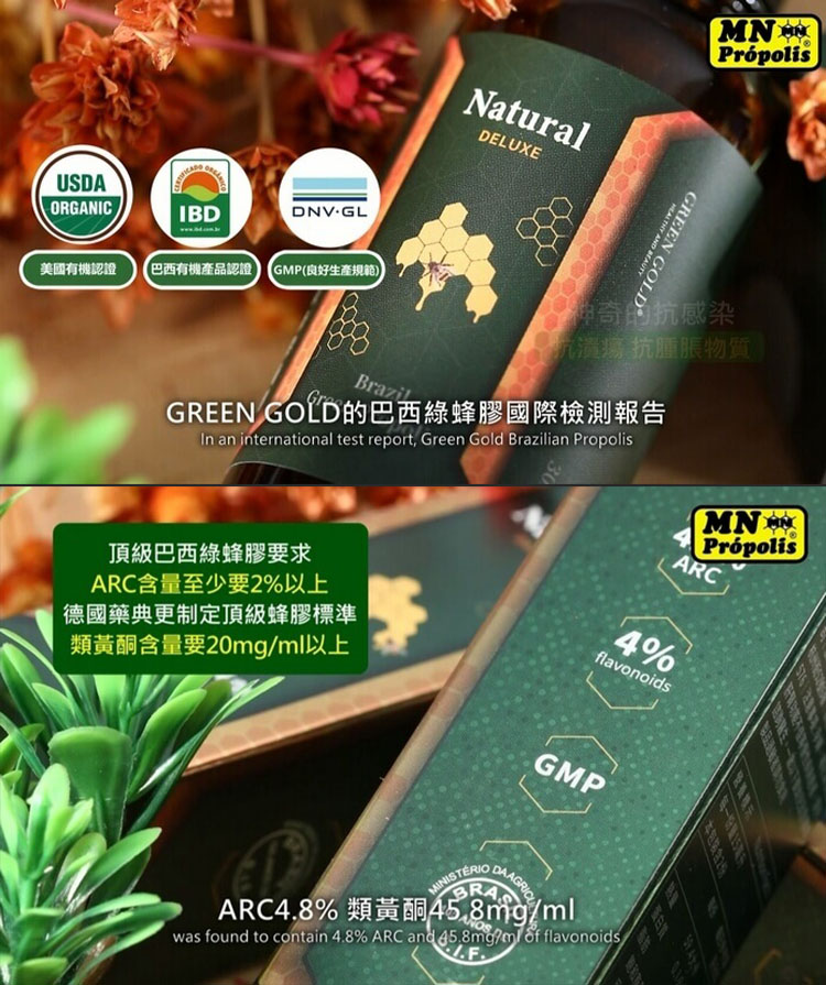 美國有機認證，DNV·GL，巴西有機產品認證(GMP(良好生產規範)，頂級巴西綠蜂膠要求，ARC含量至少要2%以上，德國藥典更制定頂級蜂膠標準，類黃酮含量要20mg/ml以上，GREEN GOLD的巴西綠蜂膠國際檢測報告，神奇的，抗感染，抗潰瘍 抗腫