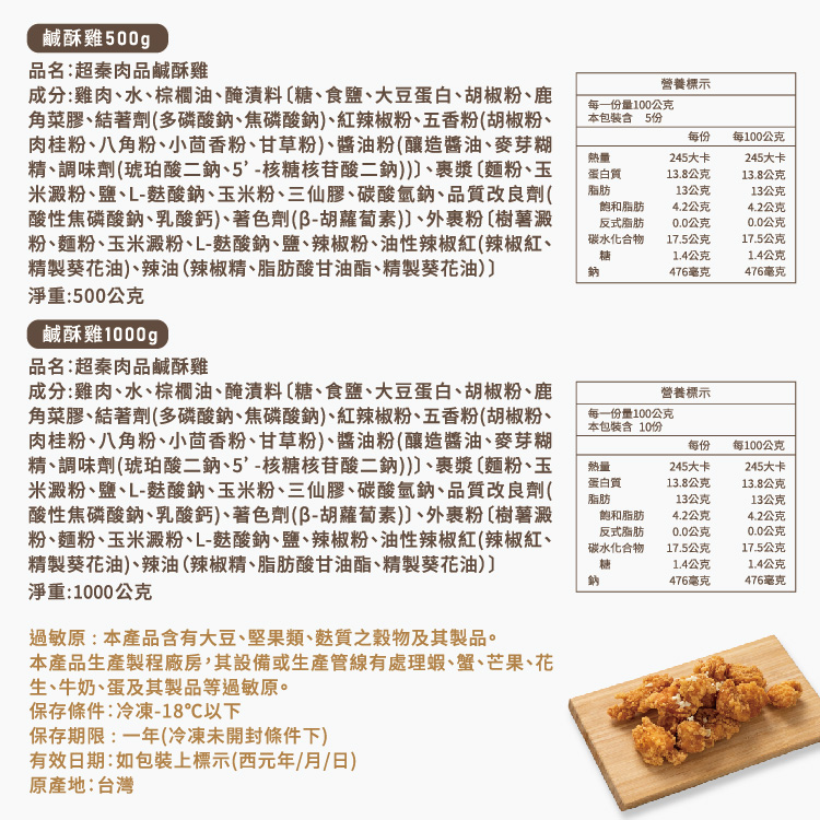 鹹酥雞500g，品名:超秦肉品鹹酥雞，成分:雞肉、水、棕櫚油、醃漬料〔糖、食鹽、大豆蛋白、胡椒粉、鹿，角菜膠、結著劑(多磷酸鈉、焦磷酸鈉)、紅辣椒粉、五香粉(胡椒粉、肉桂粉、八角粉、小茴香粉、甘草粉)、醬油粉(釀造醬油、麥芽糊，精、調味劑(琥珀酸二鈉