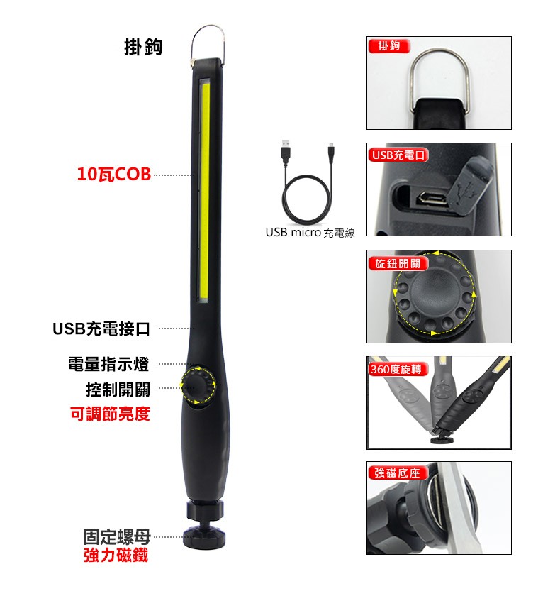 USB充電口，10瓦COB，旋鈕開關，USB充電接口，電量指示燈，(360度旋轉，控制開關，可調節亮度，強磁底座，固定螺母，強力磁鐵。