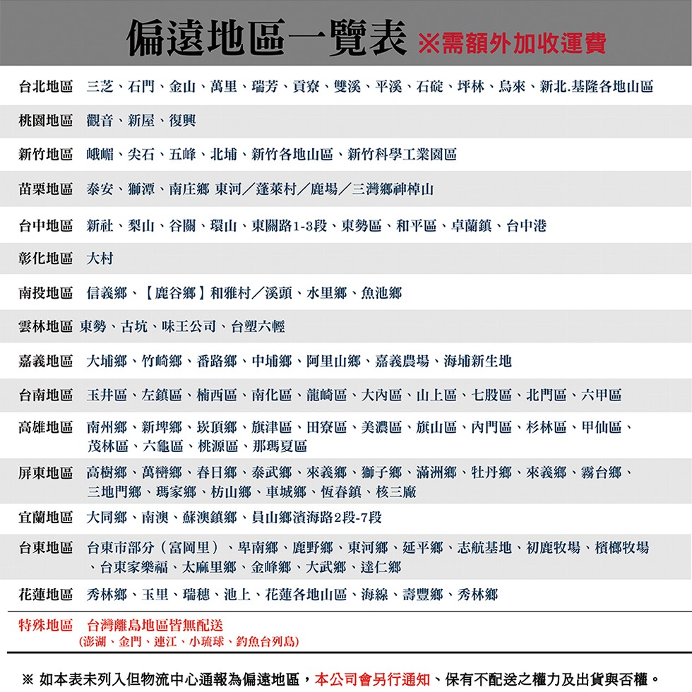 偏遠地區一覽表 ※需額外加收運費，台北地區 三芝、石門、金山、萬里、瑞芳、貢寮、雙溪、平溪、石碇、坪林、烏來、新北,基隆各地山區，桃園地區 觀音、 新屋、復興，新竹地區 峨媚、尖石、五峰、北埔、新竹各地山區、新竹科學工業園區，苗栗地區，泰安、獅潭、南