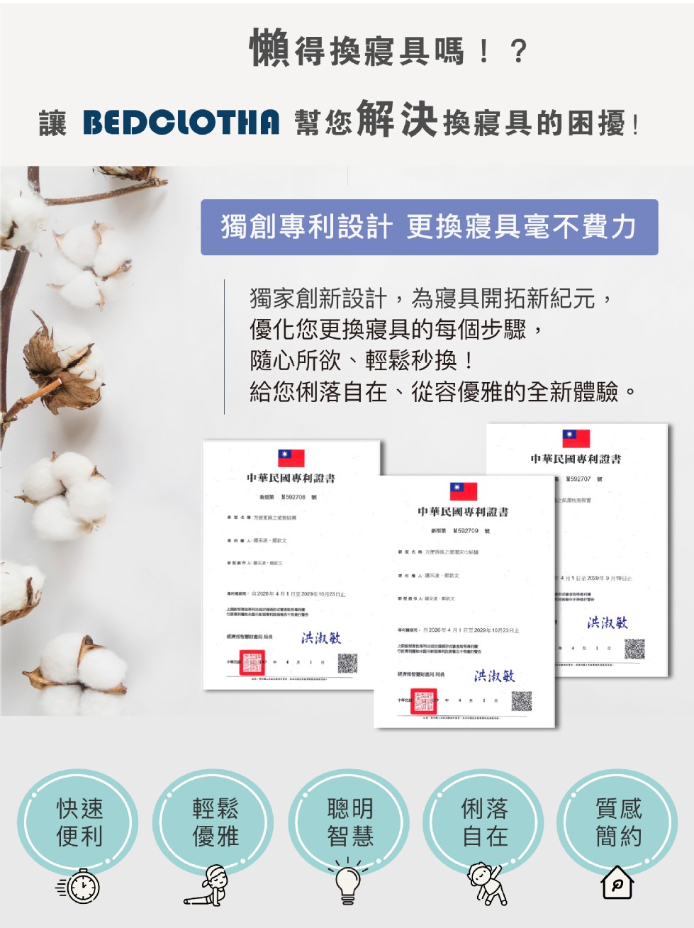 懶得換寢具嗎!?讓 BEDCIOTHA 幫您解決換寝具的困擾!獨創專利設計更換寢具毫不費力，獨家創新設計,為寢具開拓新紀元,優化您更換寢具的每個步驟,隨心所欲、輕鬆秒換!給您俐落自在、從容優雅的全新體驗。中華民國專利證書，中華民國專利語書，M5927