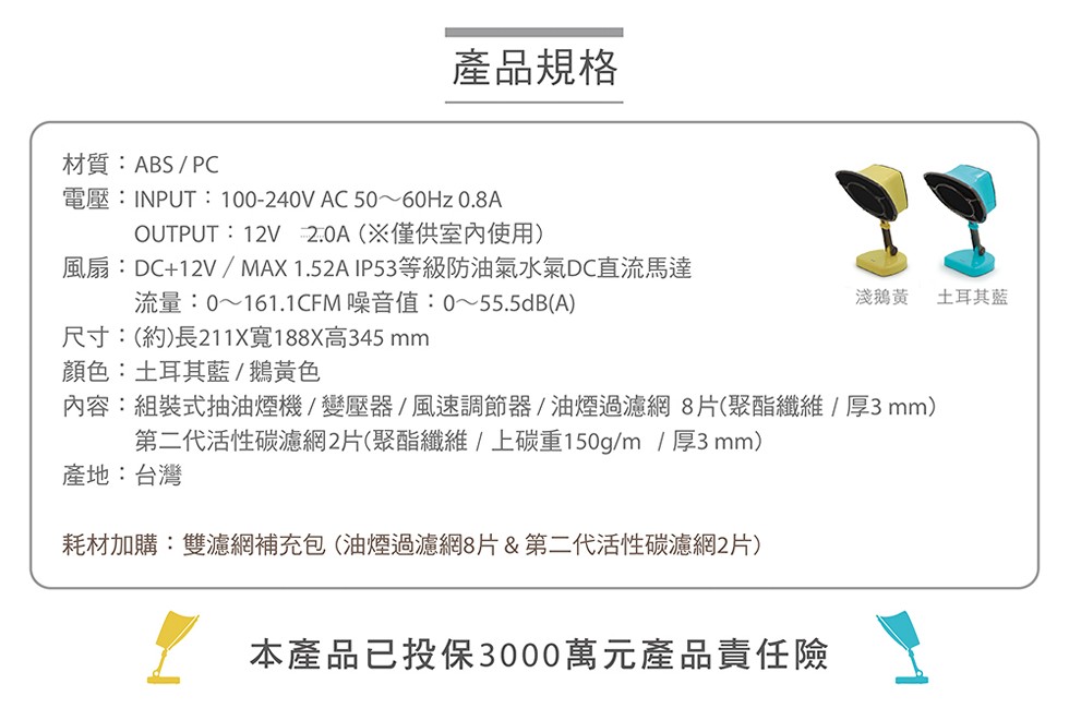 產品規格，材質:ABS/ PC，電壓:INPUT:100-240V AC 50~60Hz 0.8A，OUTPUT:12V 2.0A (※僅供室內使用)，風扇:DC+12V/ MAX 1.52A IP53等級防油氣水氣DC直流馬達，流量:0~161.1