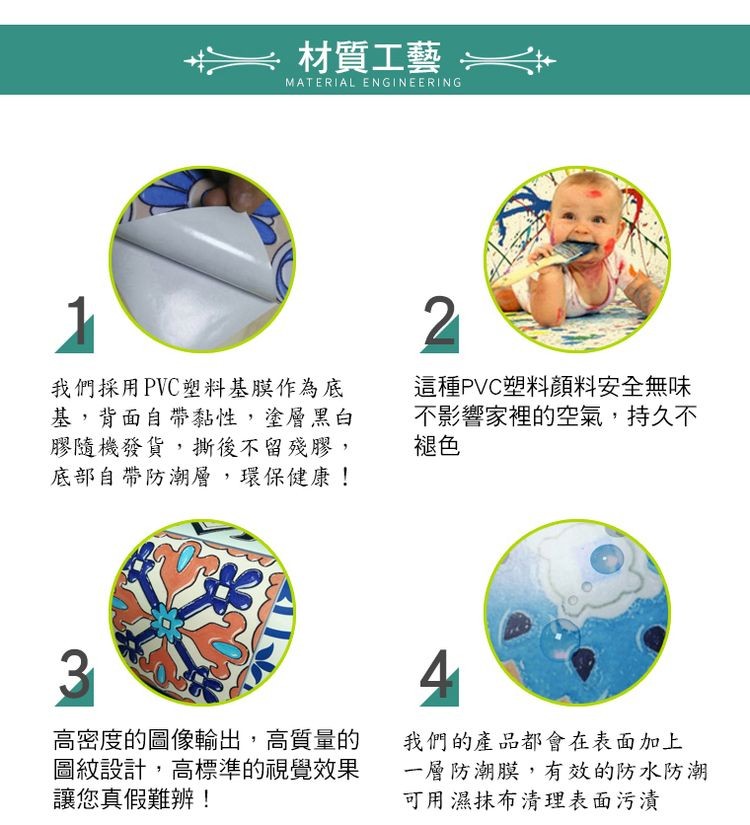 材質工藝-我們採用PVC塑料基膜作為底，基,背面自帶黏性,塗層黑白，膠隨機發貨,撕斯後不留殘膠,底部自帶防潮層,環保健康!這種PVC塑料顏料安全無味，不影響家裡的空氣,持久不，高密度的圖像輸出,高質量的，圖紋設計,高標準的視覺效果，讓您真假難辦!我們