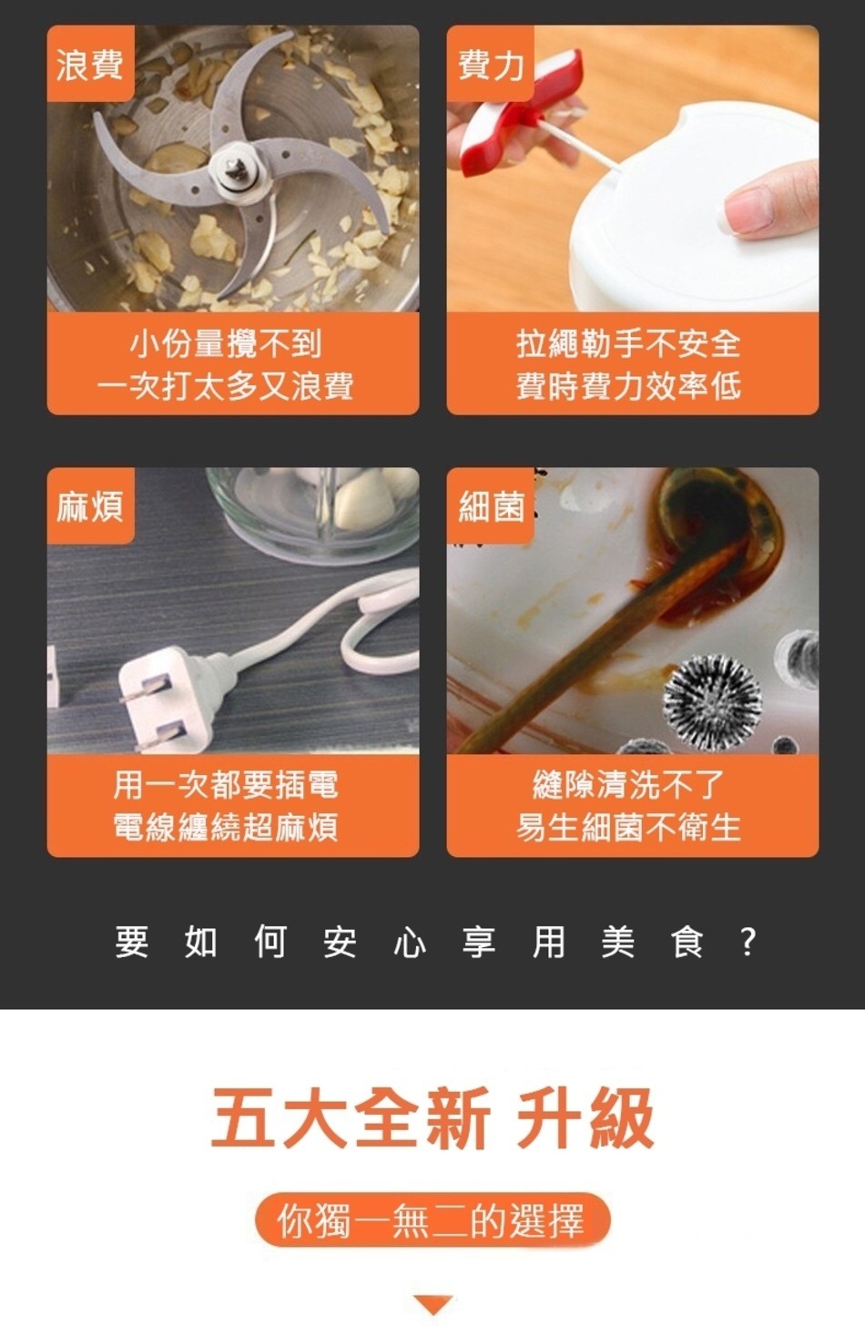 拉繩勒手不安全，費時費力效率低，小份量攪不到，一次打太多又浪費，細菌,縫隙清洗不了，易生細菌不衛生，用一次都要插電，電線纏繞超麻煩，要 如何 安心 享用 美 食?五大全新升級，(你獨一無二的選擇。