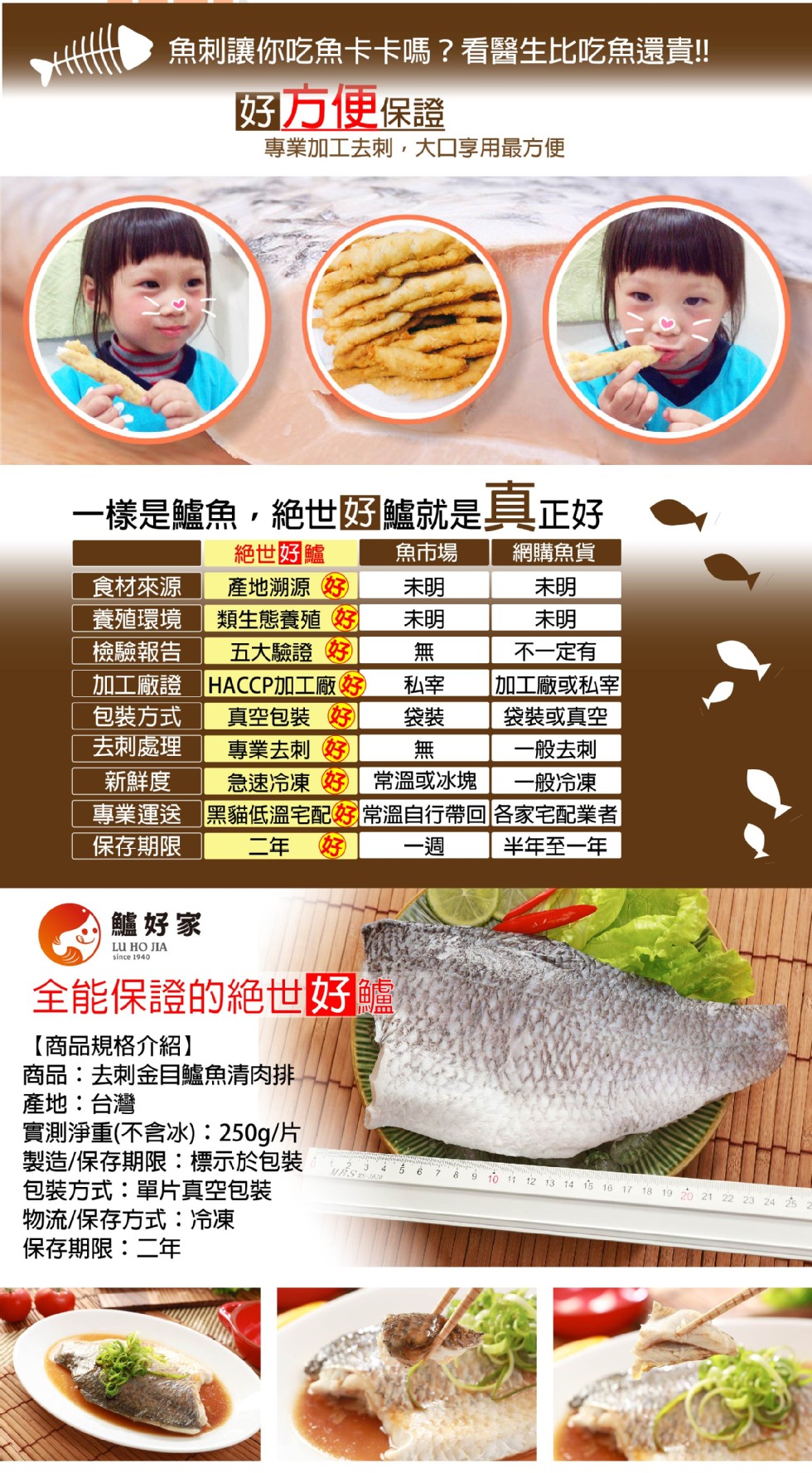 魚刺讓你吃魚卡卡嗎?看醫生比吃魚還!!好方便保證，專業加工去刺,大口享用最方便，一樣是鱸魚,絶世好鱸就是具正好，絶世好鱸，產地溯源，養殖環境類生態養殖好，五大驗證好，加工廠證HACCP加工廠好，真空包裝好，專業去刺，網購魚貨，不一定有，加工廠或私室，