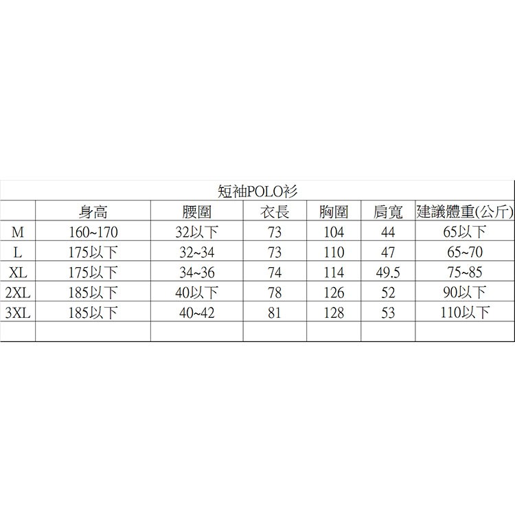 短袖POLO衫，局寬建議體重(公斤)，32以下，65以下，175以下，175以下，185以下，185以下，90以下，110以下，40以下。