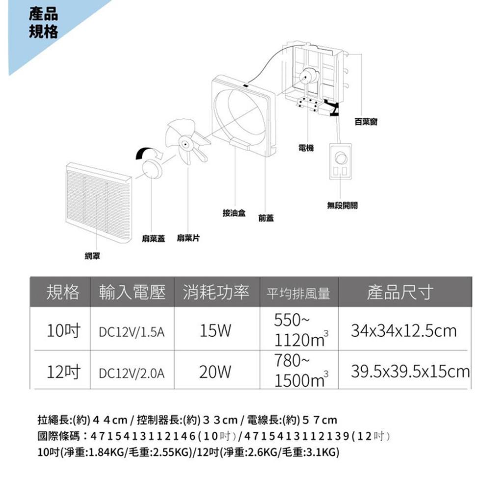 扇葉蓋 扇葉片，輸入電壓，接油盒，10吋，12吋DC12V/2.0A 20W，消耗功率 平均排風量，1120m²，無段開關，1500m²，拉繩長:(約) 4 4 cm / 控制器長:(約) 3 3 cm / 電線長:(約)57cm，百葉窗，10吋(净