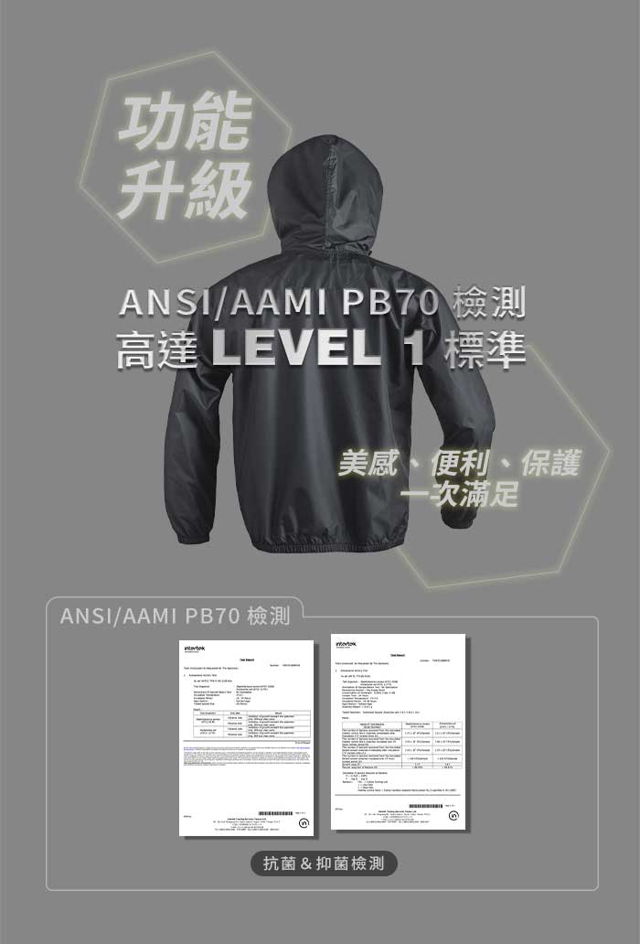 ANSI/AAMI PB70 檢測，高達 LEVEL 1 標準，ANSI/AAMI PB70 檢測，美感、便利、保護，一次滿足，抗菌&抑菌檢測。