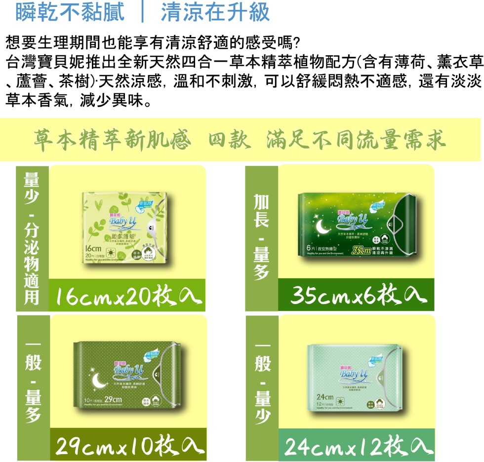 瞬乾不黏膩 清涼在升級，想要生理期間也能享有清涼舒適的感受嗎?台灣寶貝妮推出全新天然四合一草本精萃植物配方(含有薄荷、薰衣草，､蘆薈、茶樹)·天然涼感,溫和不刺激,可以舒緩悶熱不適感,還有淡淡，草本香氣,減少異味。草本精萃新肌感 四款滿足不同流量需