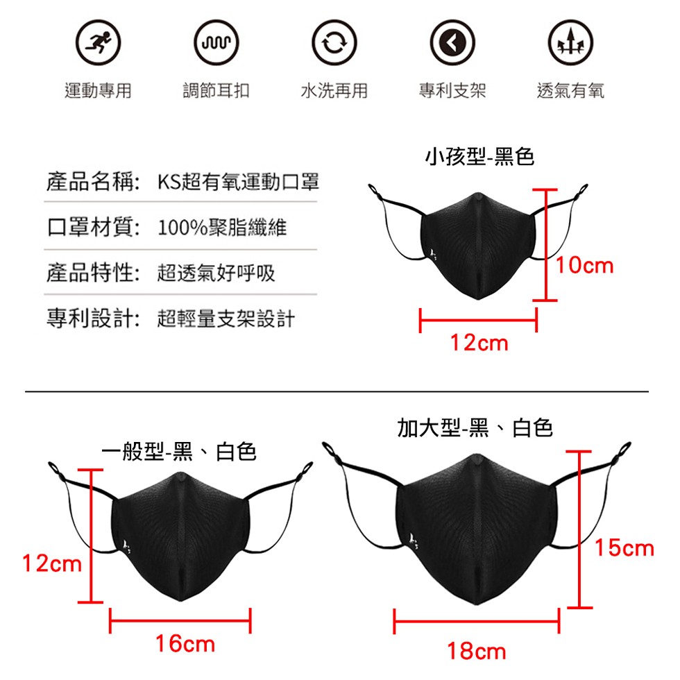 運動專用，調節耳扣，水洗再用，專利支架，透氣有氧，小孩型-黑色，產品名稱:KS超有氧運動口罩，口罩材質:100%聚脂纖維，產品特性:超透氣好呼吸，專利設計:超輕量支架設計，加大型-黑、白色，一般型-黑、白色。