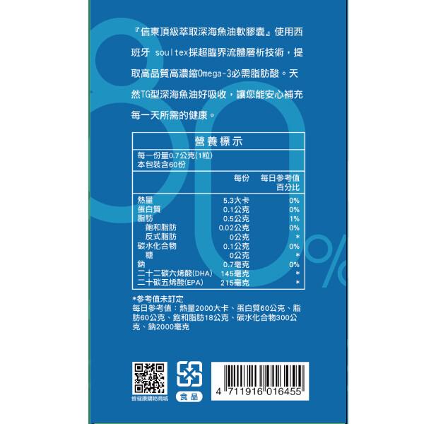 信東頂級萃取深海魚油軟膠囊使用西，班牙 soultex採超臨界流體層析技術,提，取高品質高濃縮Omega-3必需脂肪酸。天，然TG型深海魚油好吸收,讓您能安心補充，每一天所需的健康。每一份量0.7公克(1粒)，本包裝含60份，蛋白質，營養標示，飽和脂