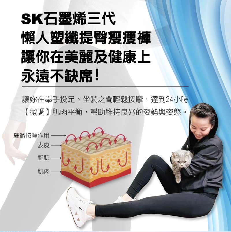 SK石墨烯三代，懶人塑纖提臀瘦瘦褲，讓你在美麗及健康上，永遠不缺席!讓妳在舉手投足、坐躺之間輕鬆按摩,達到24小時，【微調】肌肉平衡,幫助維持良好的姿勢與姿態。細微按摩作用，表皮-JJしJ。