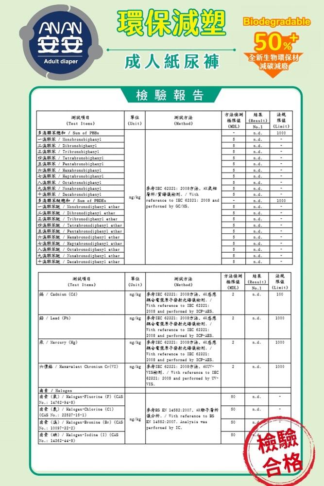 環化理，成人紙尿據，檢驗報告，全新生物環保材，▶減碳減廢，方法偵測，測試項目，多溴聯苯總和 / Sum of PBBs，一溴聯苯/Monobromobiphenylh，二溴聯茶/Dibromobiphenyl，三聯系/ Tribromobipheny