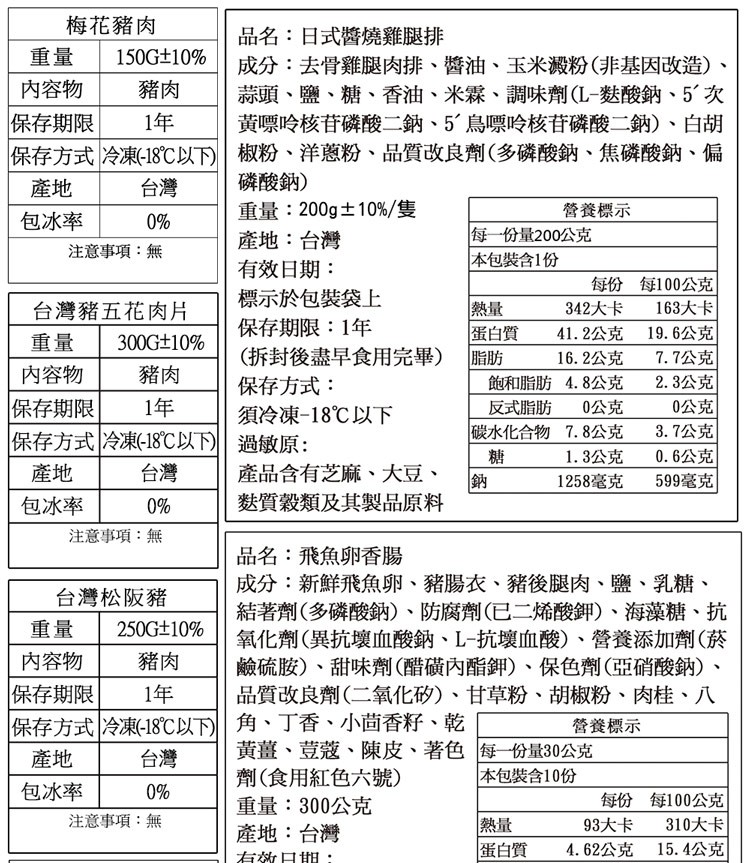 梅花豬肉，重量 150G±10%，內容物 豬肉，保存期限 1年，保存方式 冷凍(-18℃以下，品名:日式醬燒雞腿排，成分:去骨雞腿肉排、醬油、玉米澱粉(非基因改造)，蒜頭、鹽、糖、香油、米霖、調味劑(L-麩酸鈉、5次，黃嘌呤核苷磷酸二鈉、5'鳥嘌呤核