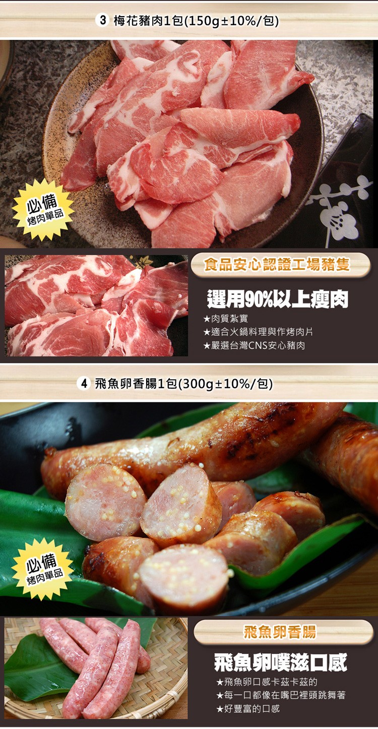 烤肉單品，烤肉單品，3 梅花豬肉1包(150g±10%/包)，食品安心認證工場豬隻，選用90%以上瘦肉，肉質紮實，★適合火鍋料理與烤肉片，★嚴選台灣CNS安心豬肉，4 飛魚卵香腸1包(300g±10%/包)，【飛魚卵香腸，飛魚卵噗滋口感，★飛魚卵口感