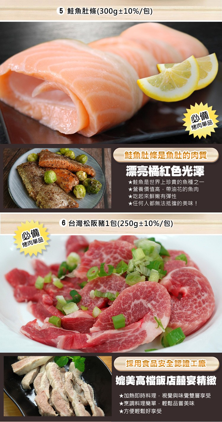 5 鮭魚肚條(300g±10%/包)，烤肉單品，●鮭魚肚條是魚肚的肉質，漂亮橘紅色光澤，★鮭魚是世界上珍貴的魚種之一，★營養價值高,帶油花的魚肉，★吃起來鮮嫩有彈性，烤肉單品，6 台灣松阪豬1包(250g±10%/包)，★任何人都無法抵擋的美味!【採