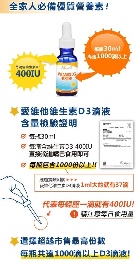 全家人必備優質營養素!每滴含維生素D3，每瓶30ml，高達1000滴以上，☆愛維他維生素D3滴液，含量檢驗證明，每瓶30ml，♡ 每滴含維生素D3400IU，直接滴進嘴巴食用即可，♡ 每瓶包含1000份以上!!經過實際測試 ▶▶▶，愛維他維生素D3滴