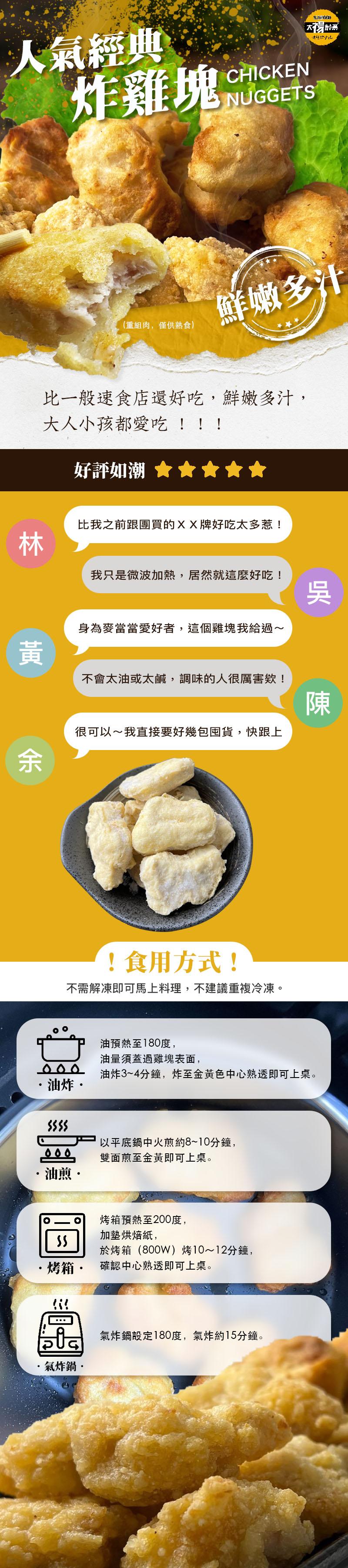 人氣經典，炸雞塊，比一般速食店還好吃,鮮嫩多汁,大人小孩都愛吃!!!好評如潮，(重組肉,僅供熟食)，比我之前跟團買的XX牌好吃太多惹!·油煎·，鮮嫩多汁，我只是微波加熱,居然就這麼好吃!身為麥當當愛好者,這個雞塊我給過~， 食用方式!不需解凍即可馬上