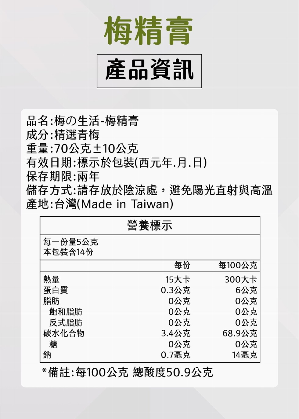 梅精膏，產品資訊，品名:梅の生活-梅精膏，成分:精選青梅，重量:70公克士10公克，有效日期:標示於包装(西元年,月.日)，保存期限:兩年，儲存方式:請存放於陰涼處,避免陽光直射與高溫，產地:台灣(Made in Taiwan)，營養標示，每一份量5