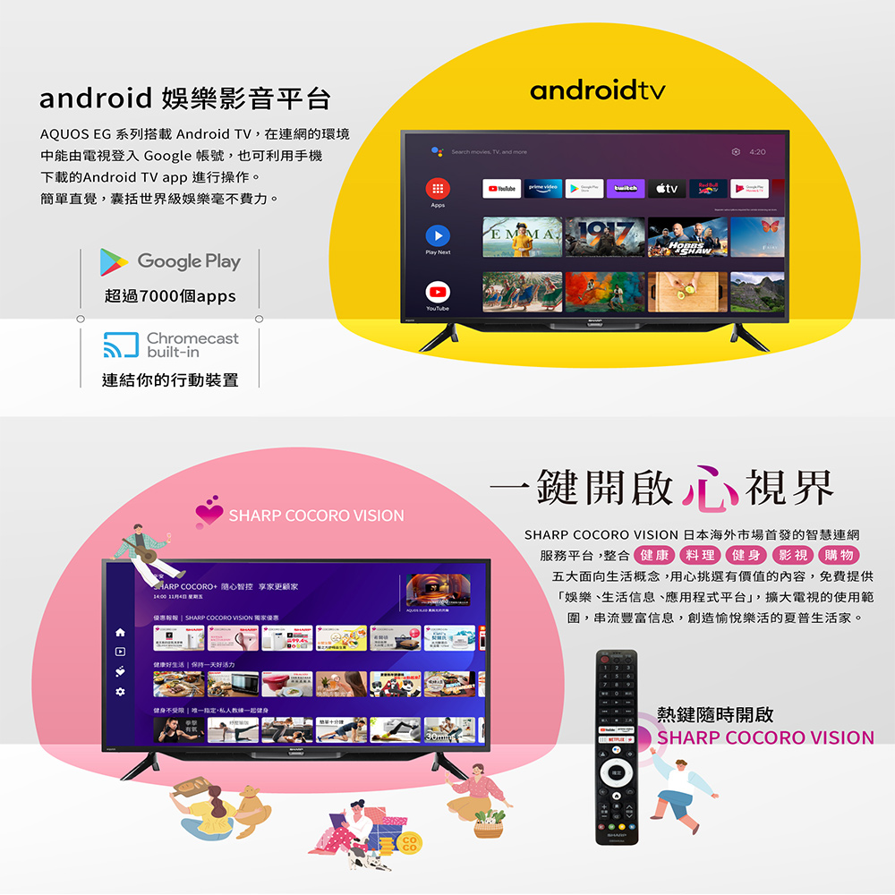 android 娛樂影音平台，AQUOS EG 系列搭載 Android TV,在連網的環境，中能由電視登入 Google 帳號,也可利用手機，下載的Android TV app 進行操作。簡單直覺,囊括世界級娛樂毫不費力。超過7000個apps，連