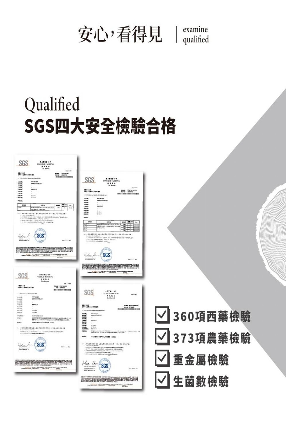 安心,看得見 ，SGS四大安全檢驗合格，√ 360項西藥檢驗，373項農藥檢驗，√ 重金屬檢驗，√ 生菌數檢驗。