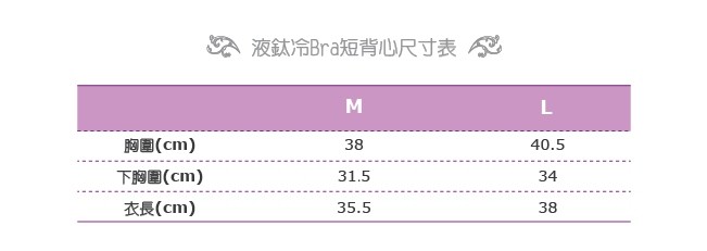 液鈦冷Bra短背心尺寸表S，胸圍(cm)，下胸圍(cm)，衣長(cm)。