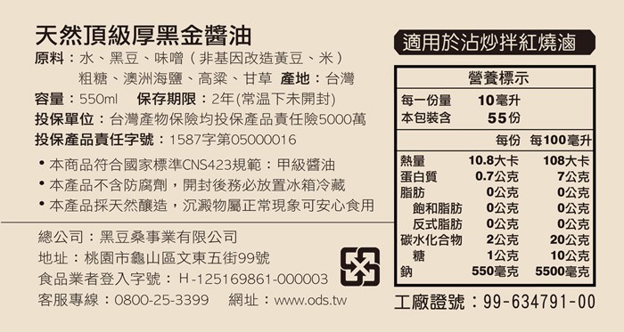 天然頂級厚黑金醬油，原料:水、黑豆、味噌(非基因改造黃豆、米)，粗糖、澳洲海鹽、高粱、甘草產地:台灣，容量:550ml，投保單位:台灣產物保險均投保產品責任險5000萬，投保產品責任字號:1587字第05000016，適用於沾炒拌紅燒滷，營養標示，保