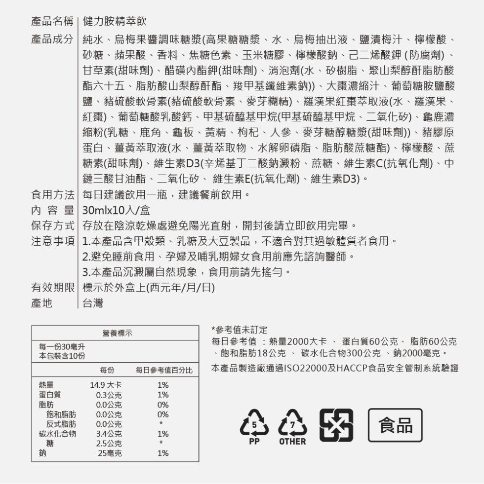 產品名稱健力胺精萃飲，產品成分 純水、烏梅果醬調味糖漿(高果糖糖漿、水、烏梅抽出液、鹽漬梅汁、檸檬酸、砂糖、蘋果酸、香料、焦糖色素、玉米糖膠、檸檬酸鈉、己二烯酸鉀(防腐劑)、甘草素(甜味劑)、醋磺內酯鉀(甜味劑)、消泡劑(水、矽樹脂、聚山梨醇酐脂肪酸