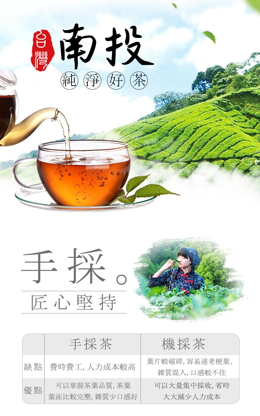 純淨好茶，手採。匠心堅持，手採茶，缺點費時費工, 人力成本較高，可以掌握茶葉品質, 茶葉，葉面比較完整, 雜質少口感好，優點，機採茶，葉片較破碎, 容易連老梗葉、雜質混入, 口感較不佳，可以大量集中採收, 省時，大大減少人力成本。