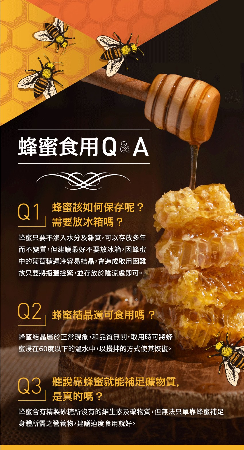 蜂蜜食用Q&A，Q1 蜂蜜該如何保存呢?需要放冰箱嗎?蜂蜜只要不滲入水分及雜質,可以存放多年，而不變質,但建議最好不要放冰箱,因蜂蜜，中的葡萄糖遇冷容易結晶,會造成取用困難，故只要將瓶蓋栓緊,並存放於陰涼處即可。Q2 蜂蜜結晶還可食用嗎?蜂蜜結晶屬於