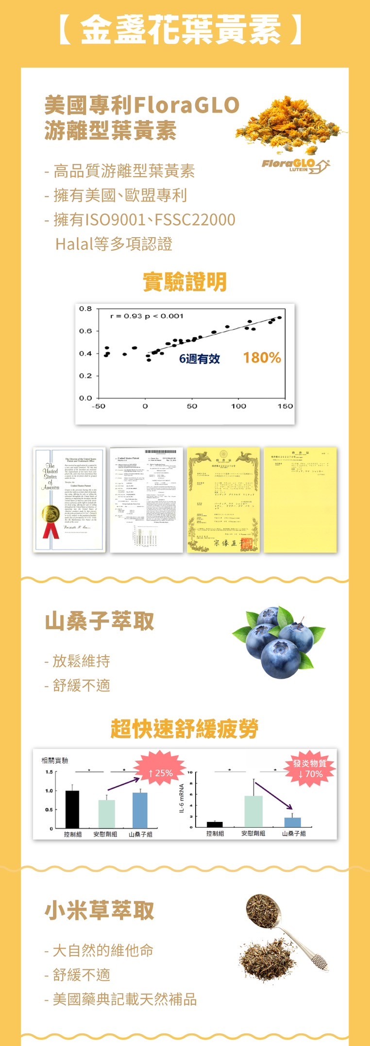 美國專利FloraGLO，游離型葉黃素， 高品質游離型葉黃素， 擁有美國、歐盟專利， 擁有ISO9001、FSSC22000，Halal等多項認證，【金盞花葉黃素】，相關實驗，實驗證明，山桑子萃取， 放鬆維持， 舒緩不適，† 25%，控制组 安慰劑組