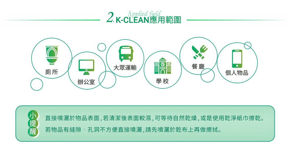 2 K-CLEAN應用範圍，大眾運輸，個人物品，辦公室，直接噴灑於物品表面,若清潔後表面較濕,可等待自然乾燥,或是使用乾淨紙巾擦乾。若物品有縫隙、孔洞不方便直接噴灑, 請先噴灑於乾布上再做擦拭。