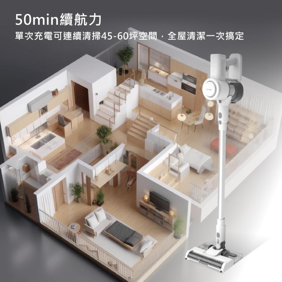 50min續航力，單次充電可連續清掃45-60坪空間,全屋清潔一次搞定。