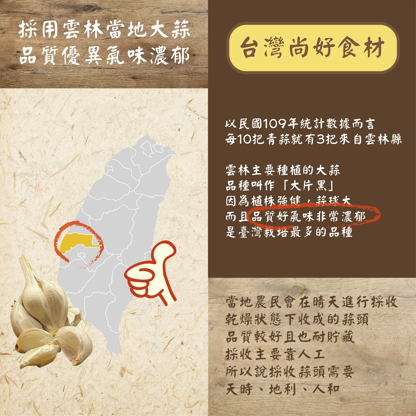 採用雲林當地大蒜，品質優異氣味濃郁，台灣尚好食材，以民國109年統計數據而言，每10把青蒜就有3把來自雲林縣，雲林主要種植的大蒜，品種叫作大片黑因為植株強健,蒜球大，而且品質好氣味非常濃郁，是臺灣栽培最多的品種，當地農民會在晴天進行採收，乾燥狀態下收