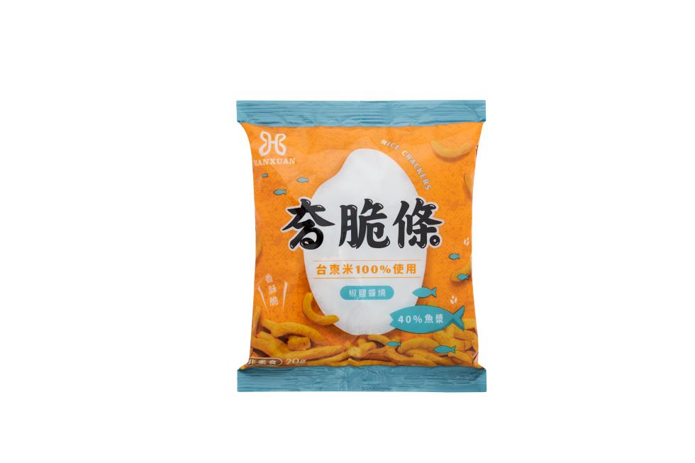 夯脆條，台東米100%使用，椒鹽醬燒，40%魚漿。