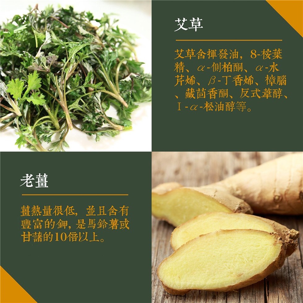 艾草含揮發油,8-桉葉，精、a-側柏酮、a-水，芹烯、B-丁香烯、樟腦，藏茴香酮、反式革醇、I -Q-松油醇等。薑熱量很低,並且含有，豐富的鉀,是馬鈴薯或，甘諸的10倍以上。